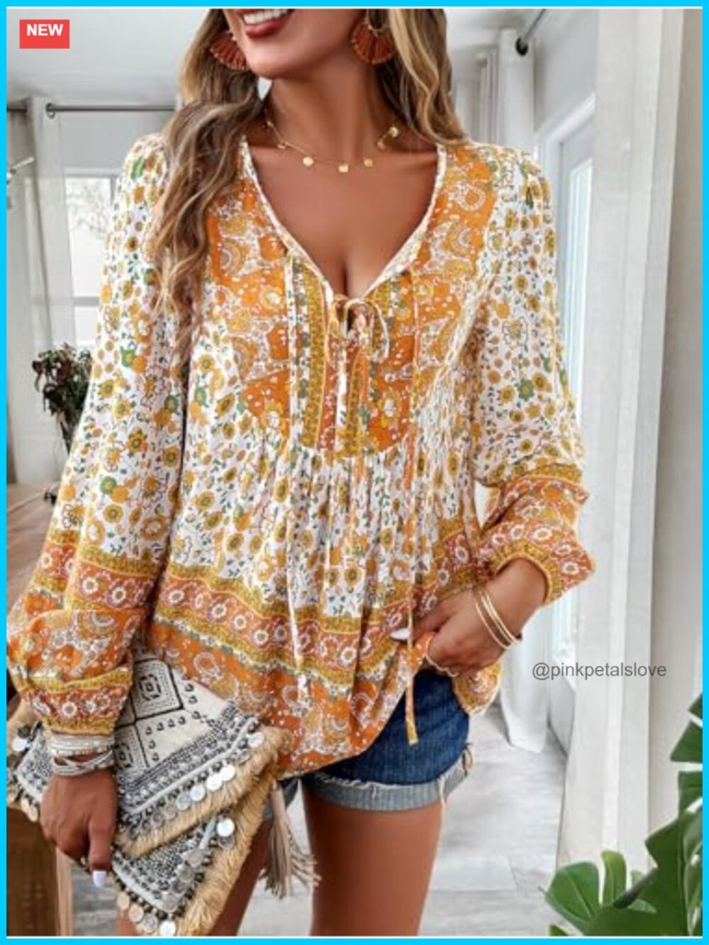 Boho Floral V Neck Long Sleeve Tunic Blouse Loose Fit Rayon - Picture 2 of 6